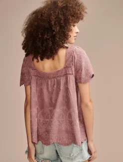 Lucky Brand embroidered flutter sleeve top rose brown*WOMEN Blouses