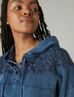 Lucky Brand embroidered lace up hoodie indigo*WOMEN Activewear