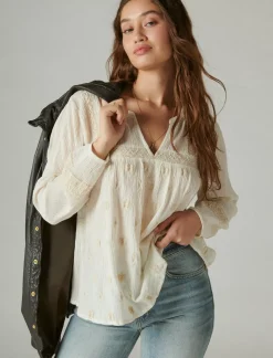 Lucky Brand embroidered popover blouse whisper white*WOMEN Blouses