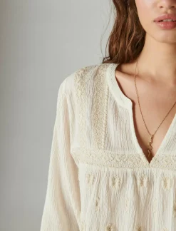 Lucky Brand embroidered popover blouse whisper white*WOMEN Blouses