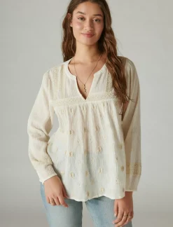 Lucky Brand embroidered popover blouse whisper white*WOMEN Blouses