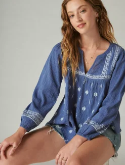 Lucky Brand embroidered popover blouse costal blue stripe*WOMEN Blouses