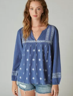 Lucky Brand embroidered popover blouse costal blue stripe*WOMEN Blouses