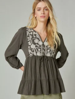 Lucky Brand embroidered tiered tunic top raven*WOMEN Blouses