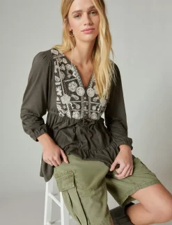 Lucky Brand embroidered tiered tunic top raven*WOMEN Blouses