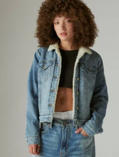 Lucky Brand faux shearling lined denim trucker jacket loretto sky*WOMEN Jackets & Outerwear