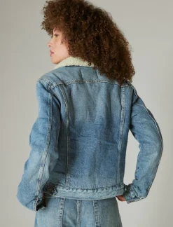 Lucky Brand faux shearling lined denim trucker jacket loretto sky*WOMEN Jackets & Outerwear