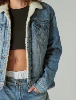 Lucky Brand faux shearling lined denim trucker jacket loretto sky*WOMEN Jackets & Outerwear