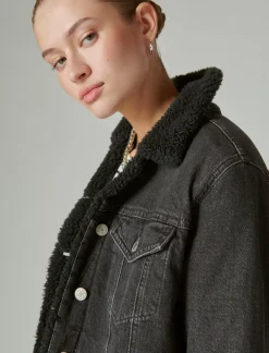 Lucky Brand faux shearling lined denim trucker jacket black hole*WOMEN Jackets & Outerwear