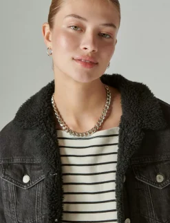 Lucky Brand faux shearling lined denim trucker jacket black hole*WOMEN Jackets & Outerwear