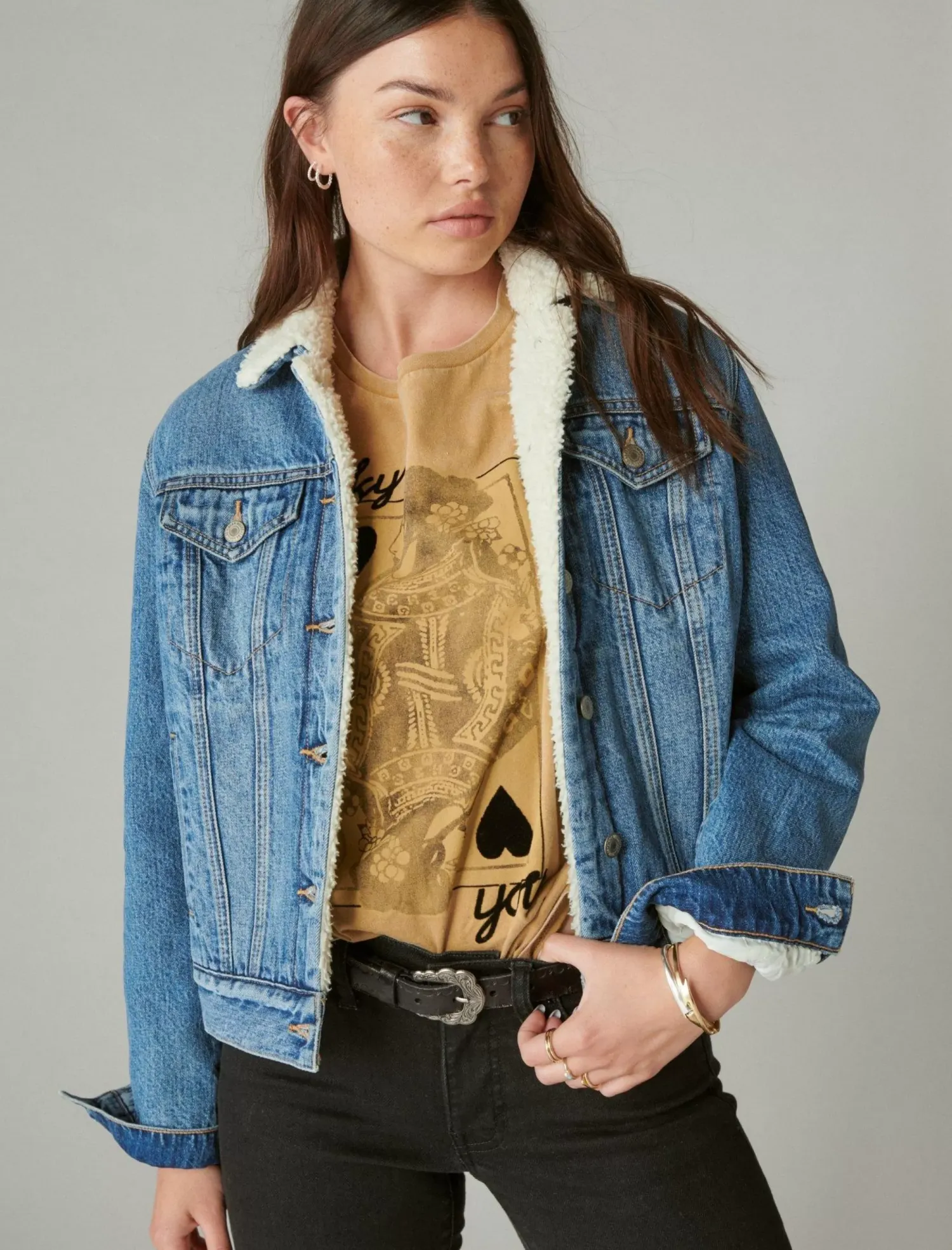 Lucky Brand faux shearling lined denim trucker jacket polar*WOMEN Jackets & Outerwear
