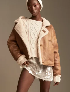 Lucky Brand faux shearling moto jacket cognac*WOMEN Jackets & Outerwear