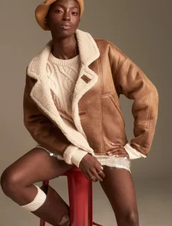 Lucky Brand faux shearling moto jacket cognac*WOMEN Jackets & Outerwear
