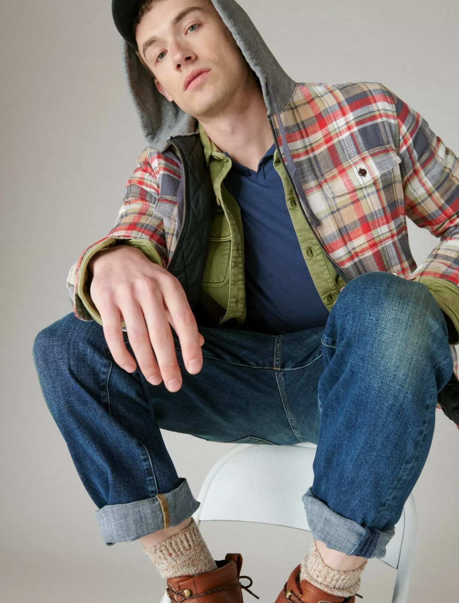 Lucky Brand fleece hood long sleeve over shirt multi plaid*MEN Button-Downs
