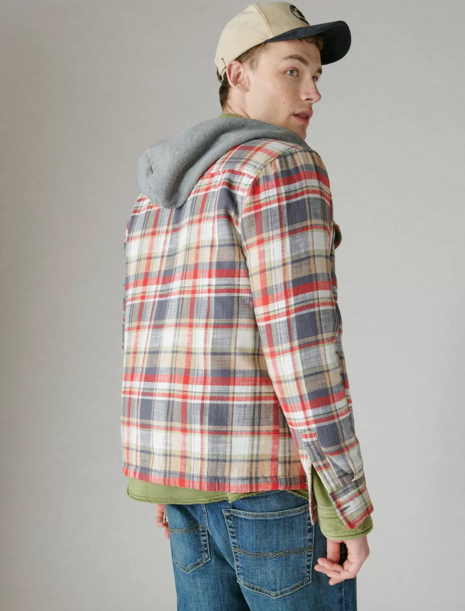 Lucky Brand fleece hood long sleeve over shirt multi plaid*MEN Button-Downs