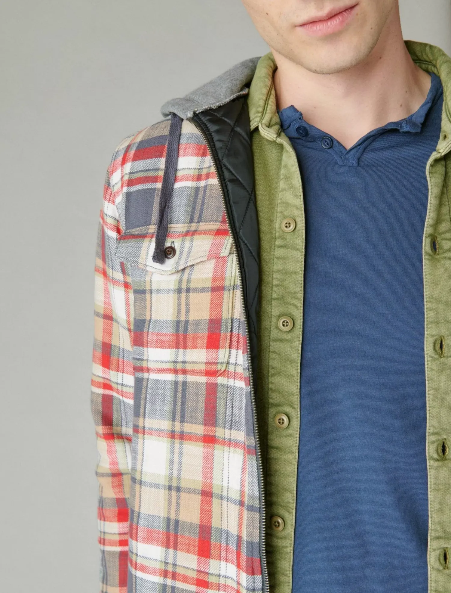 Lucky Brand fleece hood long sleeve over shirt multi plaid*MEN Button-Downs