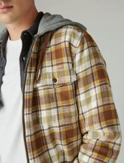 Lucky Brand fleece hood long sleeve over shirt olive/brown*MEN Button-Downs