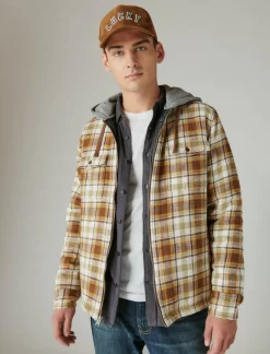Lucky Brand fleece hood long sleeve over shirt olive/brown*MEN Button-Downs