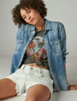Lucky Brand flowers and skeleton classic crew plum kitten*WOMEN Graphic Tees