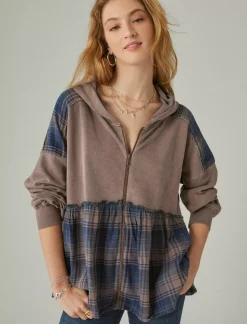 Lucky Brand french terry plaid zip up hoodie peppercorn*WOMEN Activewear
