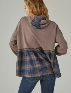 Lucky Brand french terry plaid zip up hoodie peppercorn*WOMEN Activewear