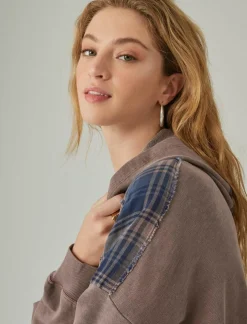 Lucky Brand french terry plaid zip up hoodie peppercorn*WOMEN Activewear