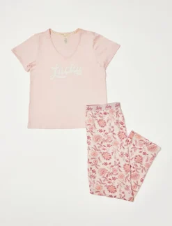 Lucky Brand graphic v neck tee w/ logo waistband pant set coral pink*WOMEN Intimates & Sleepwear