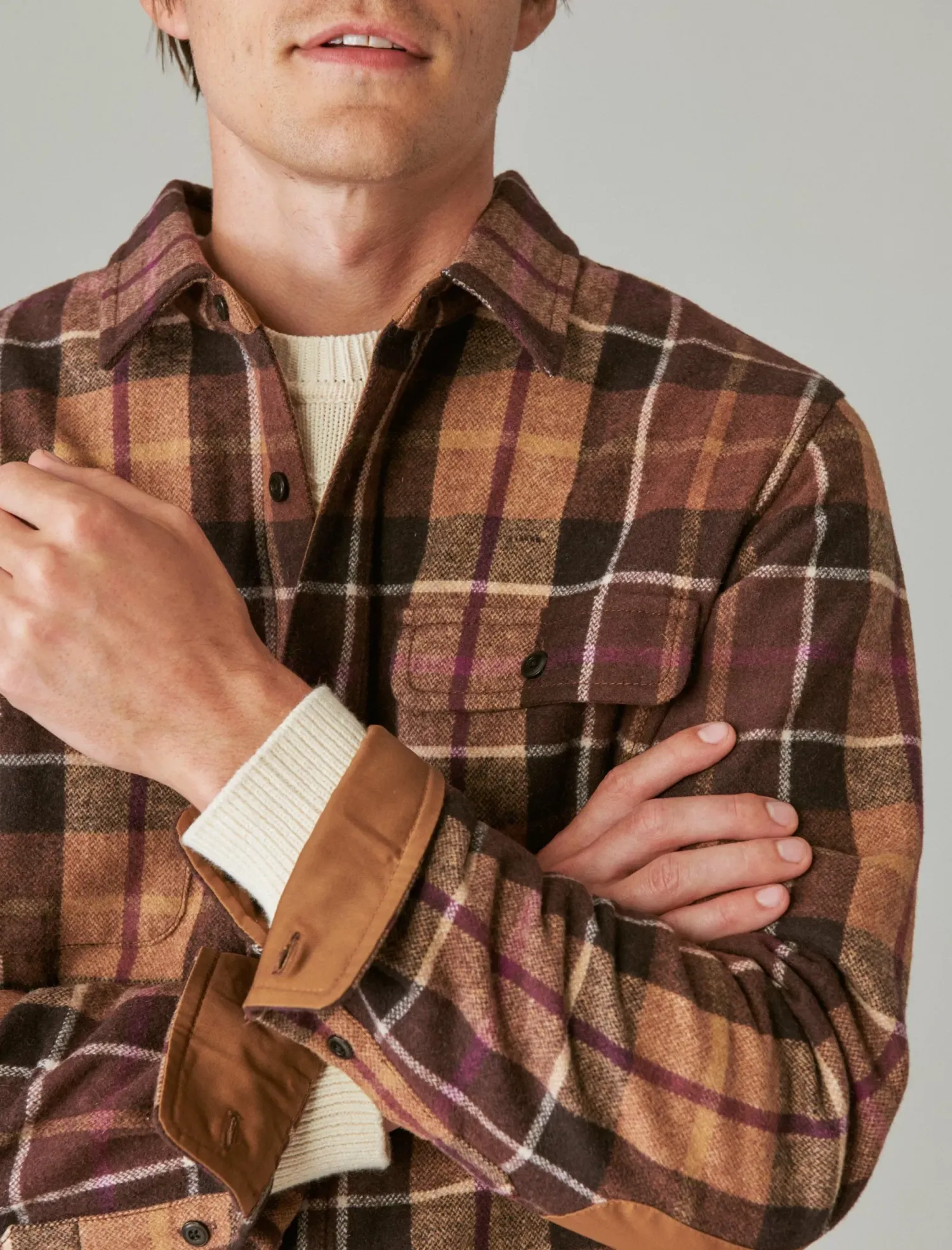 Lucky Brand guinness wool plaid over shirt with elbow patch brown plaid*MEN Button-Downs