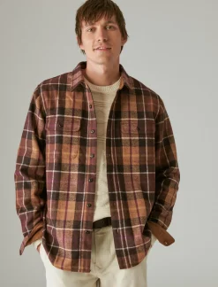 Lucky Brand guinness wool plaid over shirt with elbow patch brown plaid*MEN Button-Downs