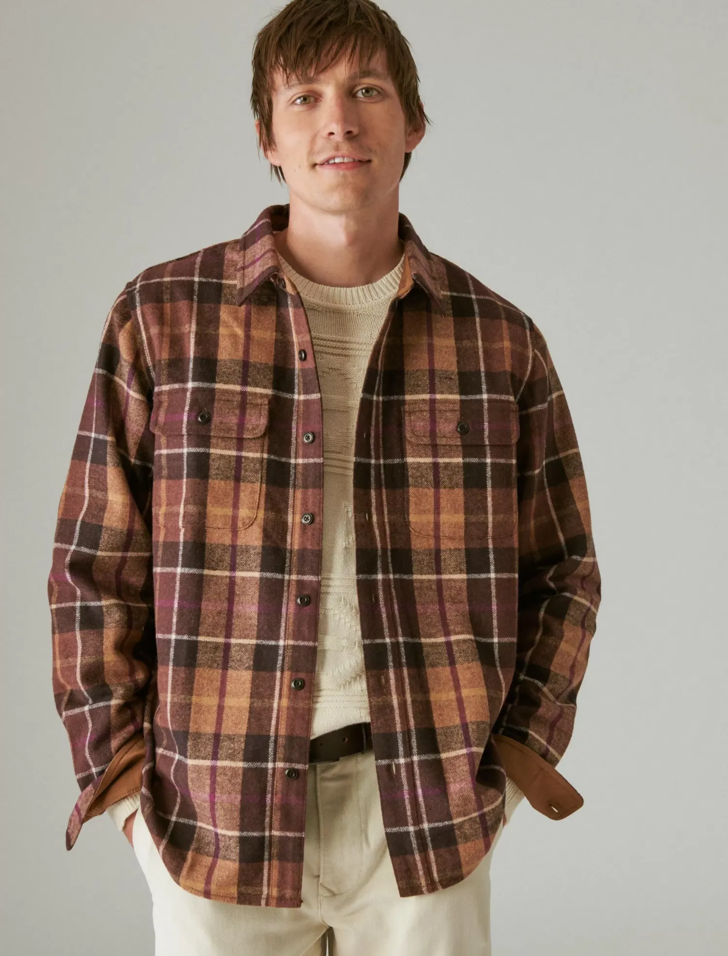 Lucky Brand guinness wool plaid over shirt with elbow patch brown plaid*MEN Button-Downs