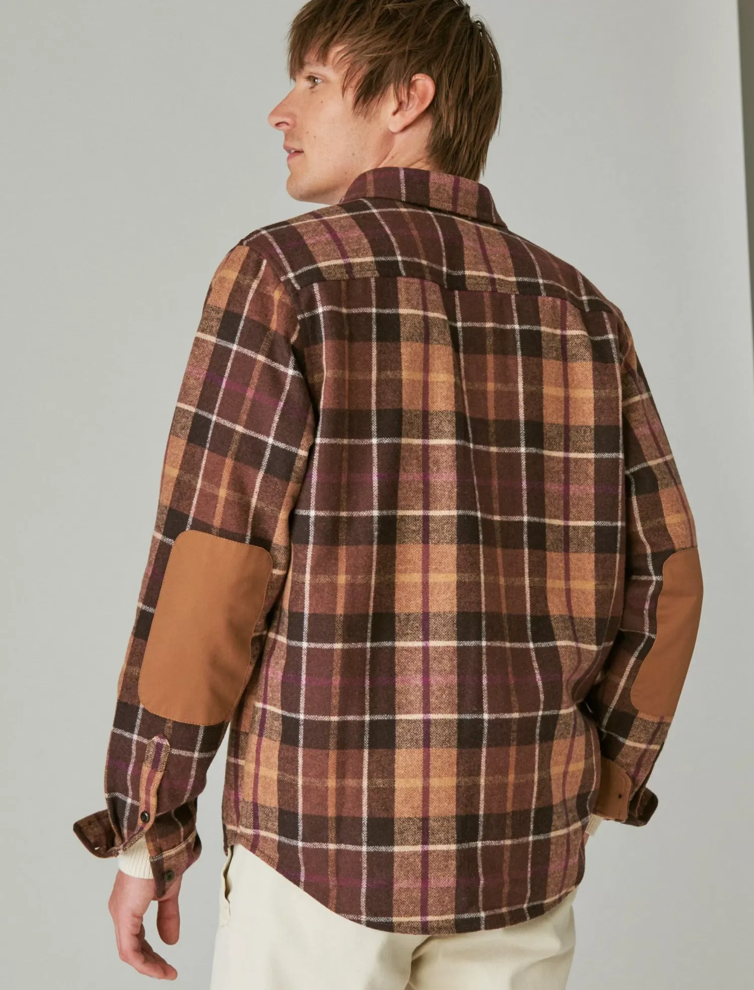 Lucky Brand guinness wool plaid over shirt with elbow patch brown plaid*MEN Button-Downs