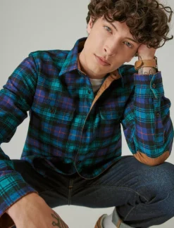 Lucky Brand guinness wool plaid over shirt with elbow patch green plaid*MEN Button-Downs