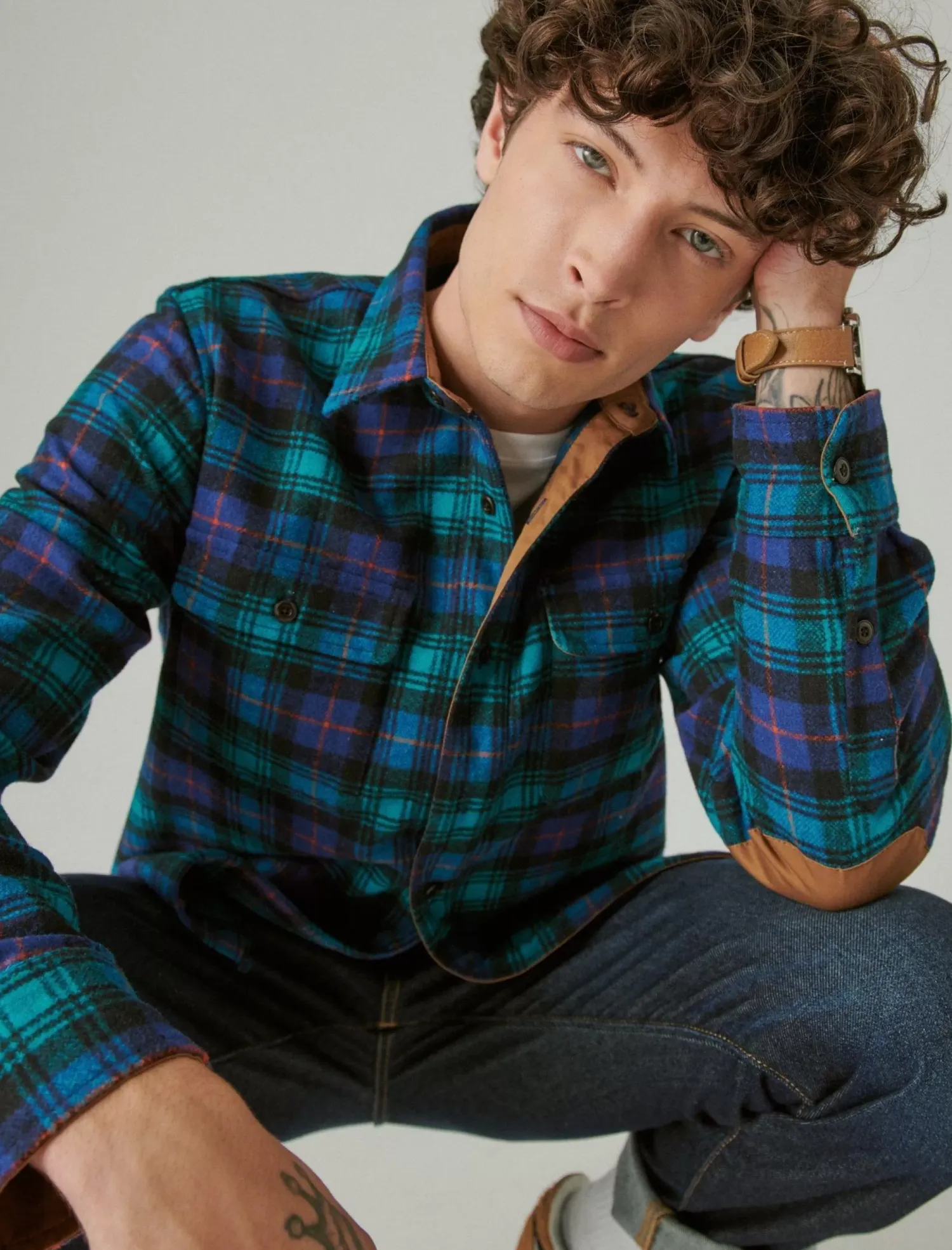 Lucky Brand guinness wool plaid over shirt with elbow patch green plaid*MEN Button-Downs