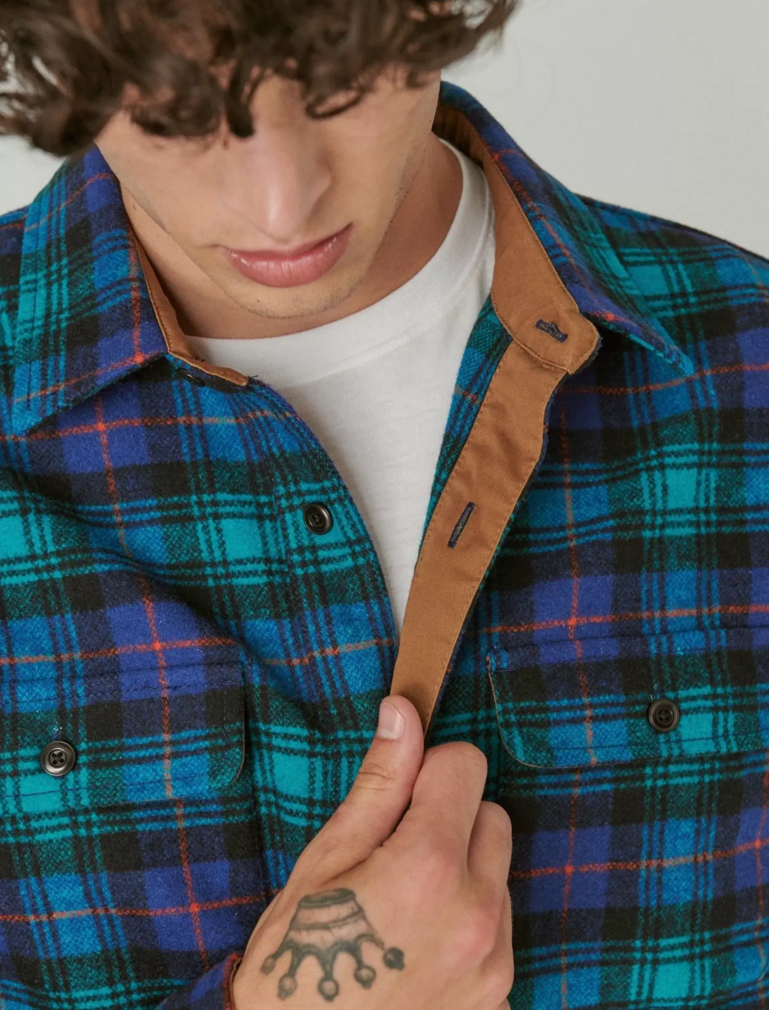 Lucky Brand guinness wool plaid over shirt with elbow patch green plaid*MEN Button-Downs