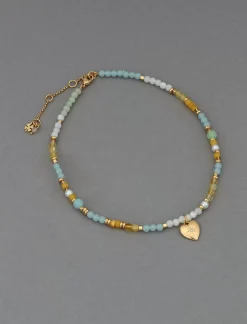 Lucky Brand heart charm beaded collar necklace gold*WOMEN Jewelry