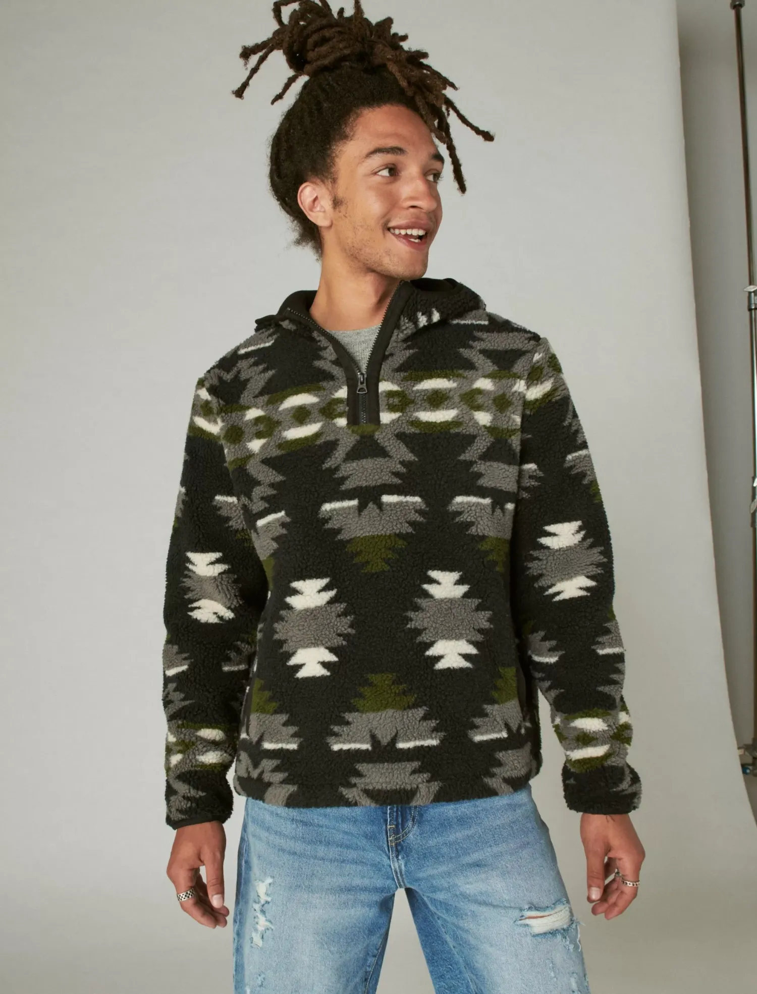 Lucky Brand hi-pile half zip camo hoodie black multi*MEN Activewear