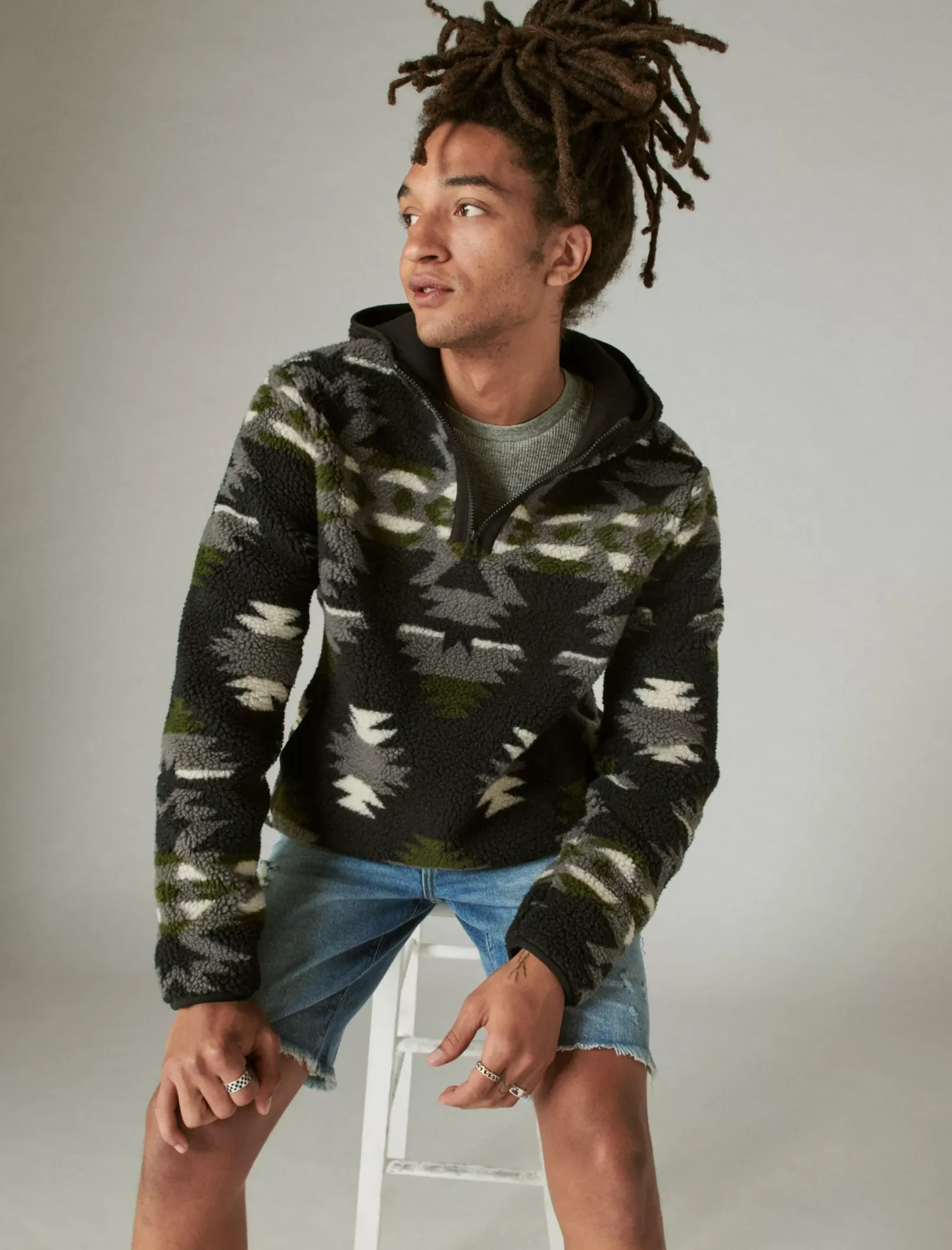Lucky Brand hi-pile half zip camo hoodie black multi*MEN Activewear