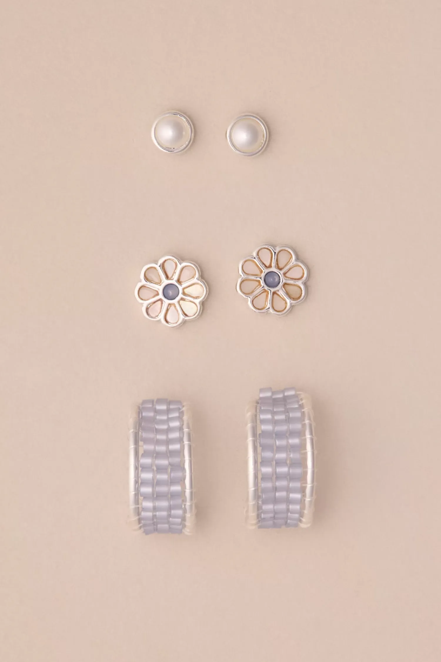 Lucky Brand inlay daisy stone earring trio silver*WOMEN Jewelry