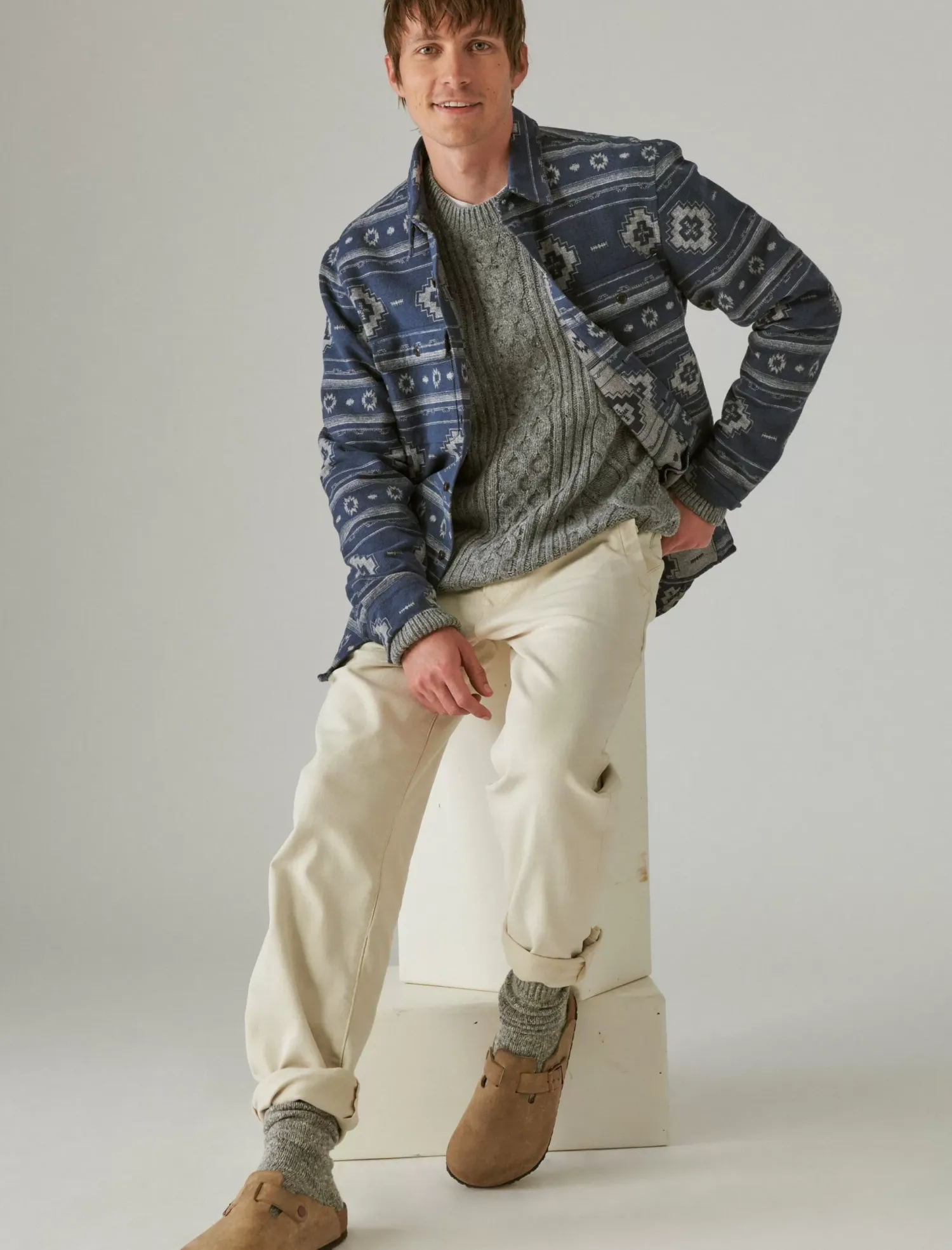 Lucky Brand jaquard utility long sleeve shirt blue grey*MEN Button-Downs