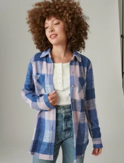 Lucky Brand knit shirt jacket blue plaid*WOMEN Knit Tops