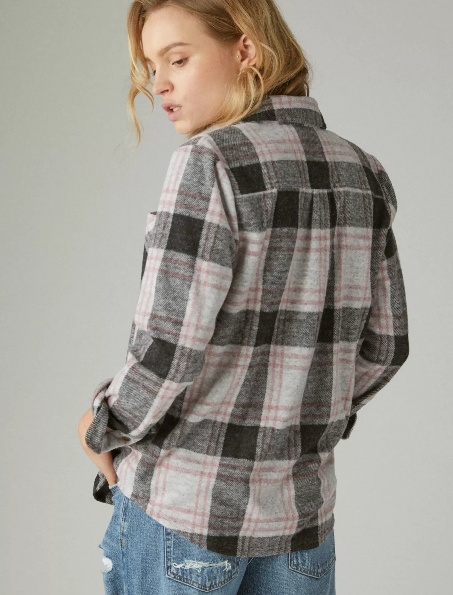 Lucky Brand knit shirt jacket black plaid*WOMEN Knit Tops