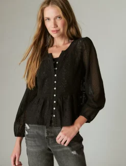 Lucky Brand lace date night top caviar*WOMEN Blouses