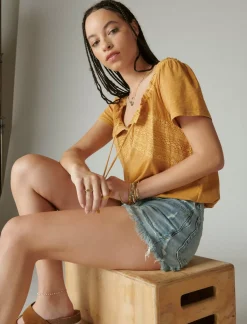 Lucky Brand lace peasant bubble top inca gold*WOMEN Knit Tops
