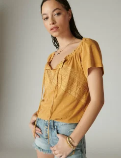 Lucky Brand lace peasant bubble top inca gold*WOMEN Knit Tops