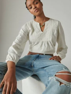 Lucky Brand lace pintuck geo peasant tee gardenia*WOMEN Knit Tops|Blouses