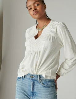 Lucky Brand lace pintuck geo peasant tee gardenia*WOMEN Knit Tops|Blouses