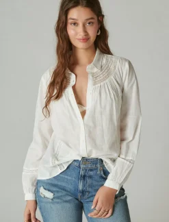 Lucky Brand lace trim button down shirt bright white*WOMEN Blouses