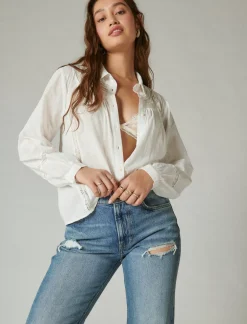 Lucky Brand lace trim button down shirt bright white*WOMEN Blouses