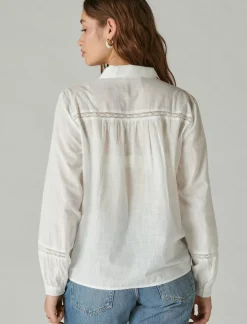 Lucky Brand lace trim button down shirt bright white*WOMEN Blouses