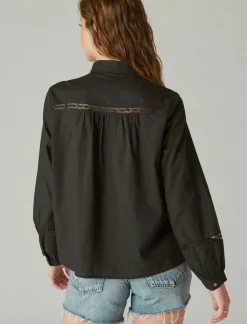 Lucky Brand lace trim button down shirt meteorite*WOMEN Blouses
